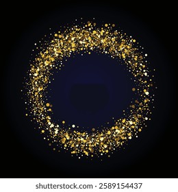 Gold shiny round glitter shape. Frame for photo or mirror. Halftone pattern of dots. Abstract luxury background. Disco ball. Vector illustration isolated on dark backdrop.