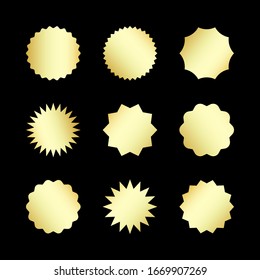 Gold Shiny Sale Stickers Set Isolated On Black Background. Promo Product Golden Metal Labels Template, Starburst, Sunburst Badges. Vector Design Elements For Price Tag, Quality Mark, Web Design