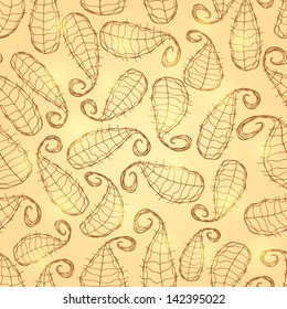 Gold Shiny Seamless Pattern with Leaf Silhouettes on Yellow Background