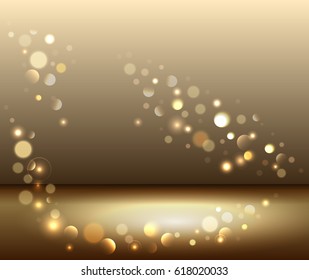 Gold shiny sparkle bokeh background and light place. Golden empty place for objects. Vector illustration stock vector.