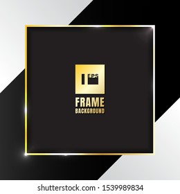 Gold shiny square frame on black and white striped background. Vector illustration