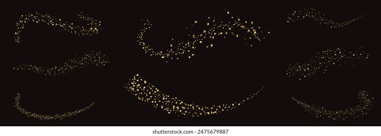 Gold shiny star confetti set. Magical gold sparkles shimmering waves light effect vetor collection. Golden stars dust flying on black background.