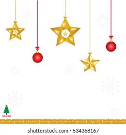 Gold shiny star and red ball Christmas decorations. Set of snowflakes vector. New Year background with text space.