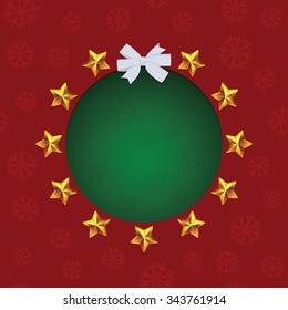 Gold shiny stars around green text hole. White bow. Vector Christmas greeting card