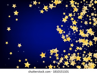 Gold Shiny Stars Vector Blue Background. Magic Sparkle Banner. Rain Pattern. Golden Glamour Glitter Template.