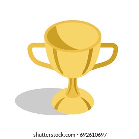 Gold shiny trophy cup with two handles for great educational achievements isolated cartoon vector illustration on white background.