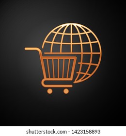 Gold Shopping cart with globe icon isolated on black background. Online buying concept. Global market concept. Supermarket basket symbol. Vector Illustration