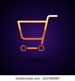 Gold Shopping cart icon isolated on dark blue background. Online buying concept. Delivery service sign. Supermarket basket symbol.  Vector Illustration
