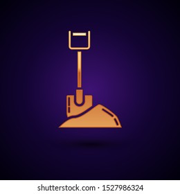 Gold Shovel in the ground icon isolated on dark blue background. Gardening tool. Tool for horticulture, agriculture, farming.  Vector Illustration