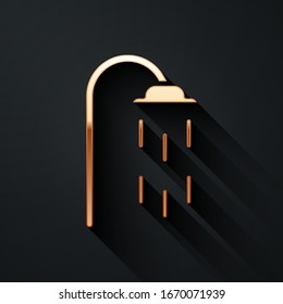 Gold Shower head with water drops flowing icon isolated on black background. Long shadow style. Vector Illustration