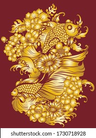 gold Siamese fighting fish or betta fish swimming in Japanese wave with peony and daisy flowers for hand drawn tattoo art design in  geometric and circular ornament frame