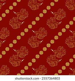 Gold Siamese fighting fish and flower vector seamless pattern for vintage decorative design wallpaper, textiles, bedding, background, and designg packaging