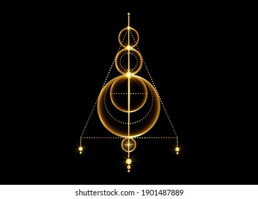 Gold Sigil of Protection. Magical Amulets. Can be used as tattoo, golden logos and prints. Magic Alchemy of Sign Occult. Wiccan symbol, sacred geometry, vector isolated on black background 