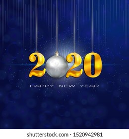 Gold sign 2020 decorated with a Christmas silver ball hanging on gold threads on abstract blue background. Happy New Year 2020!