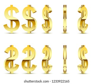 Gold sign is a dollar, on white background. 3D illustration icon set. Vector.