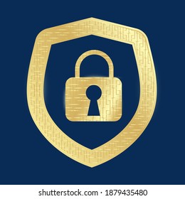 Escudo de señas de oro del castillo de seguridad. ilustración vectorial. imagen para su uso en proyectos web o aplicaciones móviles. aislado en un fondo azul