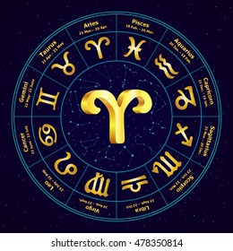 Gold sign of Zodiac  Aries in circle. Vector illustration