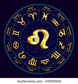 Gold sign of Zodiac  Leo in circle. Vector illustration