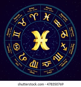Gold sign of Zodiac  Pisces in circle. Vector illustration