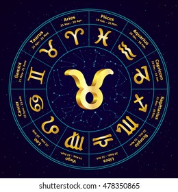 Gold sign of Zodiac  Taurus in circle. Vector illustration