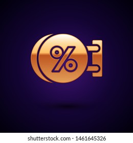 Gold Signboard hanging with an inscription discount percent icon isolated on dark blue background. Suitable for bar, cafe, pub, restaurant.  Vector Illustration