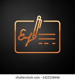Gold Signed document line icon isolated on black background. Pen signing a contract with signature. Edit document sign. Vector Illustration