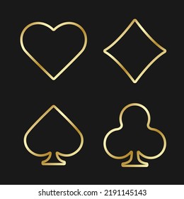 Gold signs suit icons. Poker game symbols set. Hearts, clubs, spades, diamonds. Vector illustration on a black background.