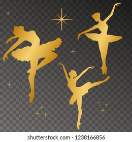 Gold silhoette of dancind balerinas and twinkle lights on transparent background. Vector, Eps 10