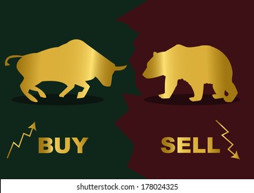 Gold silhouette of a bear and bull.Inscription Buy and Sell.