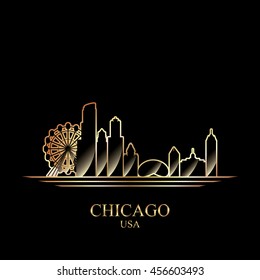 Gold silhouette of Chicago on black background, vector illustration