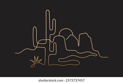 Gold silhouette desert landscape with saguaro cactus on the black background. Western sketch. Logo design. Vector illustration in minimalist style.