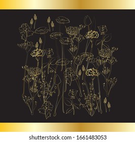 Gold silhouette of flowers on black background. Vector illustration.