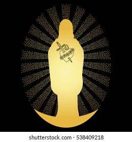 Gold silhouette and Immaculate Heart of Blessed Virgin Mary, standing on moon in rays of sun on black background.