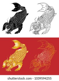 Gold and silhouette Koi dragon.hand drawn koi fish in Dragon head, Japanese carp line drawing coloring book vector image.