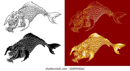 Gold and silhouette Koi dragon.hand drawn koi fish in Dragon head, Japanese carp line drawing coloring book vector image.