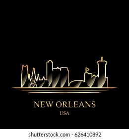 Gold silhouette of New Orleans on black background, vector illustration