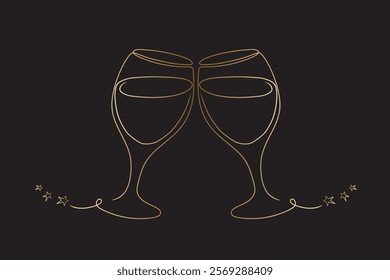 Gold silhouette two glasses on the black background. Elegance design for romantic party,wedding invitation. Vintage vector illustration.