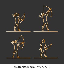 Gold silhouettes of archer. Vector set of linear archer figures.