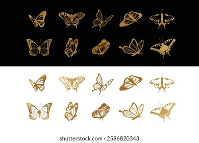 Gold Silhouettes of butterflies. Monochrome Insect butterfly Gold winged gorgeous insect set isolated vector illustration