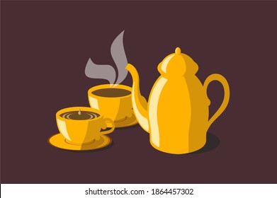 Gold silhouettes of cup and kettle, Golden coffee, Cup and kettle for shop, cafe or menu background, Golden cup and kettle shiny