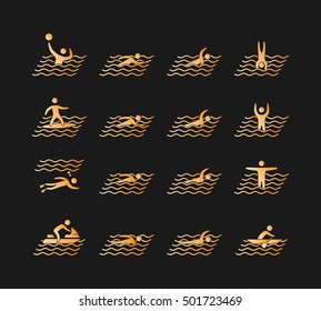 Gold silhouettes of figures swimmers icons set. Surfing vector symbols.