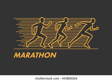 Gold silhouettes of runners. Vector line run and marathon logo.