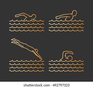 Gold silhouettes of swim. Vector set of linear swimmer figures.