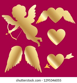 Gold silhouettes of Valentine's day attributes: cupid with bow and arrow, hearts, angel wings.
