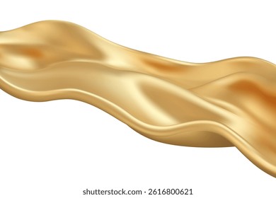 Gold silk cloth flying background. Golden liquid wave flowing. Realistic fabric isolated on white background. Elegant abstract luxury illustration