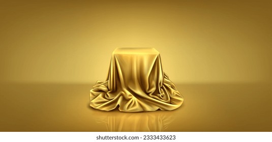 Gold silk cloth podium box cover to reveal gift 3d background. Golden satin fabric hidden secret and mystery surprise object. Luxury presentation in studio with tablecloth on stand. Hide cube scene