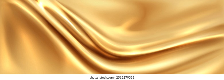 Textura de pano de seda dourada com dobras e rugas. Ilustração vetorial 3d realista bg de tecido de cetim dourado. fundo de luxo com padrão de drapery suave amarelo abstrato com vincos de onda.