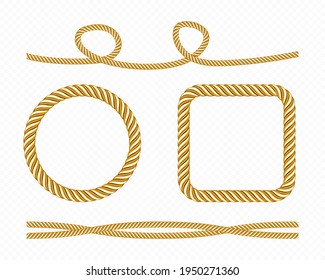 Gold silk cords, round and square frames of satin rope, golden threads, decorative sewing items isolated on transparent background. Tie borders, curve and twisted bows, Realistic 3d vector set