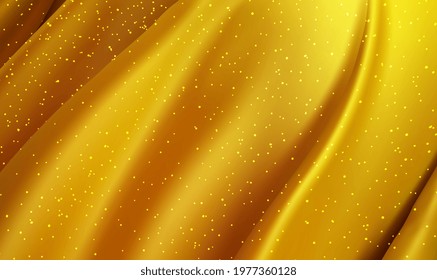 Gold silk draped fabric background. Smooth elegant gold satin texture abstract background. Gold metallic silk flowing wave luxury trendy background. Luxurious background design. Vector illustration