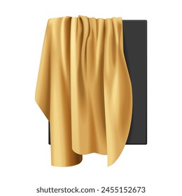 Gold silk fabric with pleats hanging from black box to hide 3D realistic presentation vector illustration